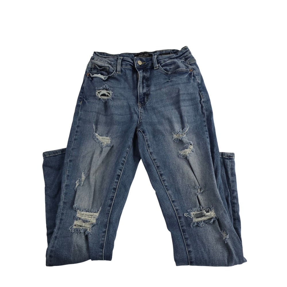 Judy Blue Distressed Boyfriend Fit Jeans Women Size 7 28 Blue Wash High Rise